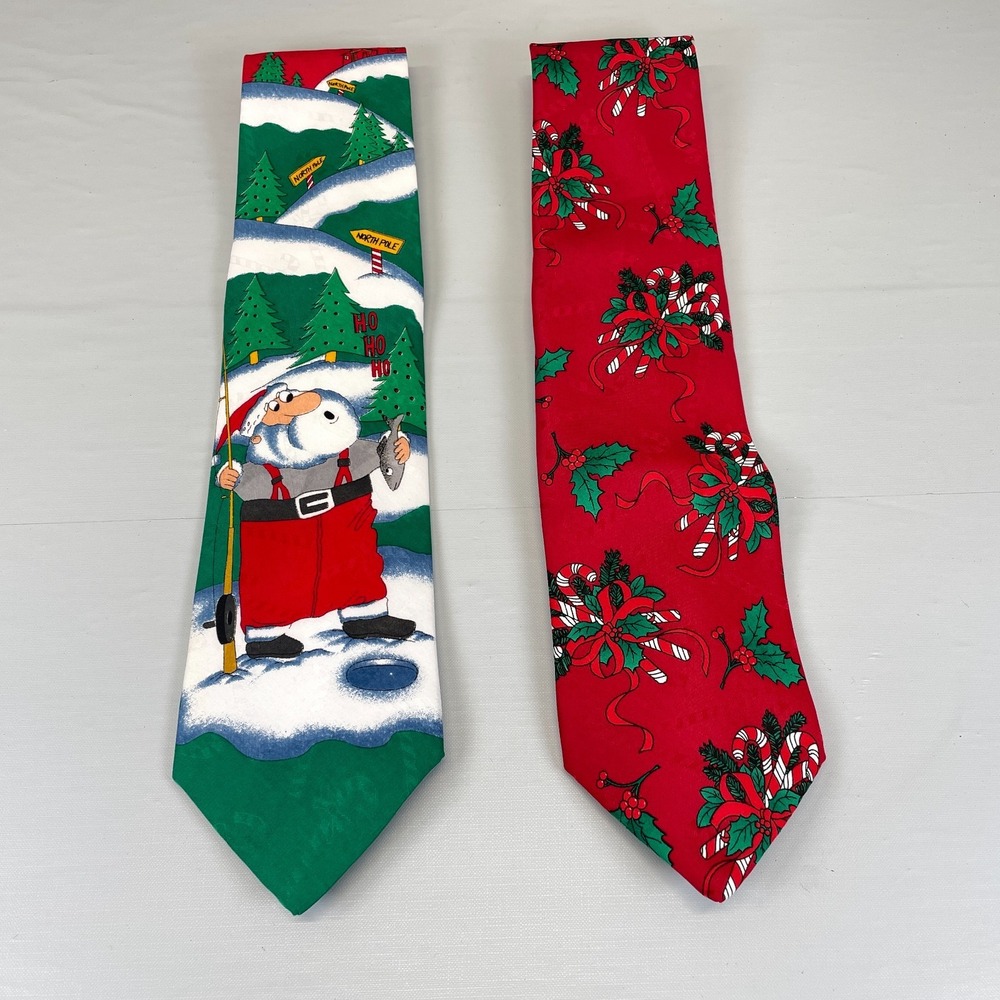 Vintage Hallmark Yule Tie Greetings Men's Neck Ties Green, Red, Graphic Set of 2